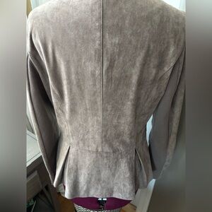 Gray Suede Peplum Jacket with Lacing Detail. Fully lined.